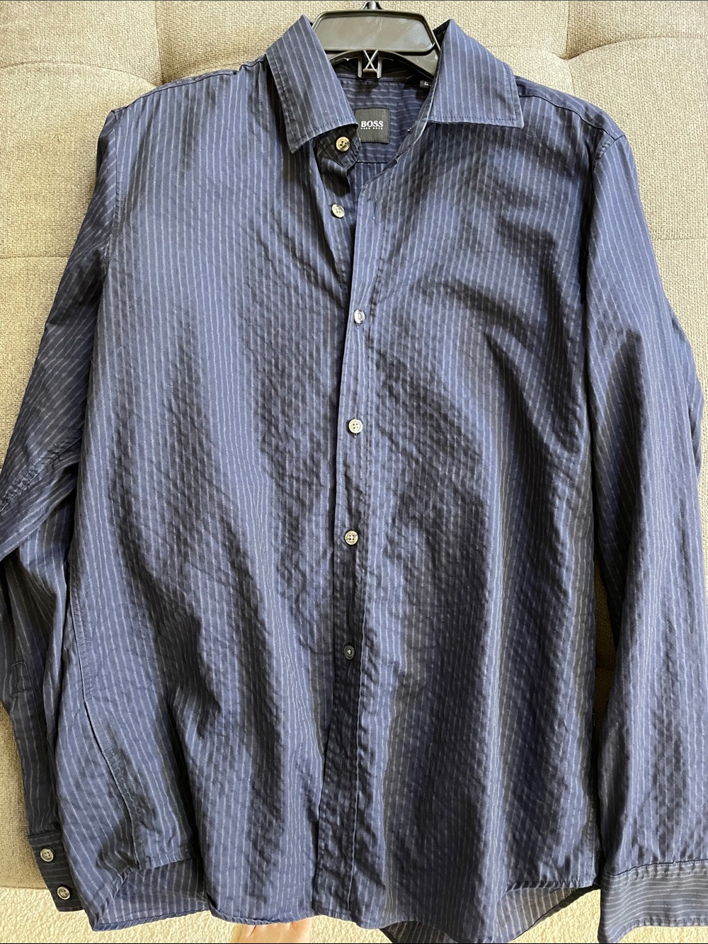 BOSS Men's Dark Navy Pinstripe Dress Shirt M
